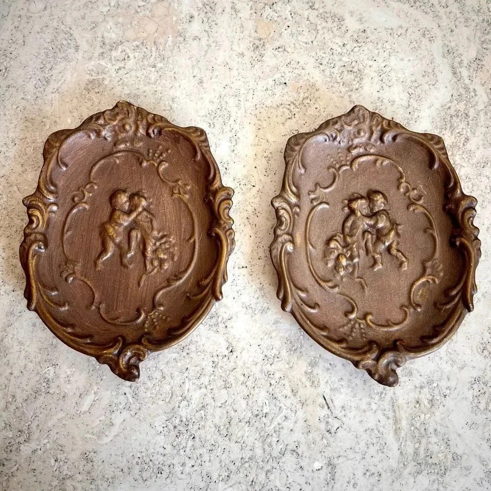 Lot of 2 Vintage 70s Womens Brown Midcentury Ceramic Carved Wall Plaque Decor Sm
